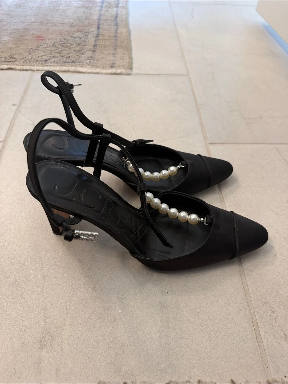 J crew Jules pearl t strap satin heels made in Spain